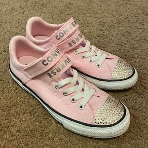 Pink Converse Sneakers with rhinestones on toes.
